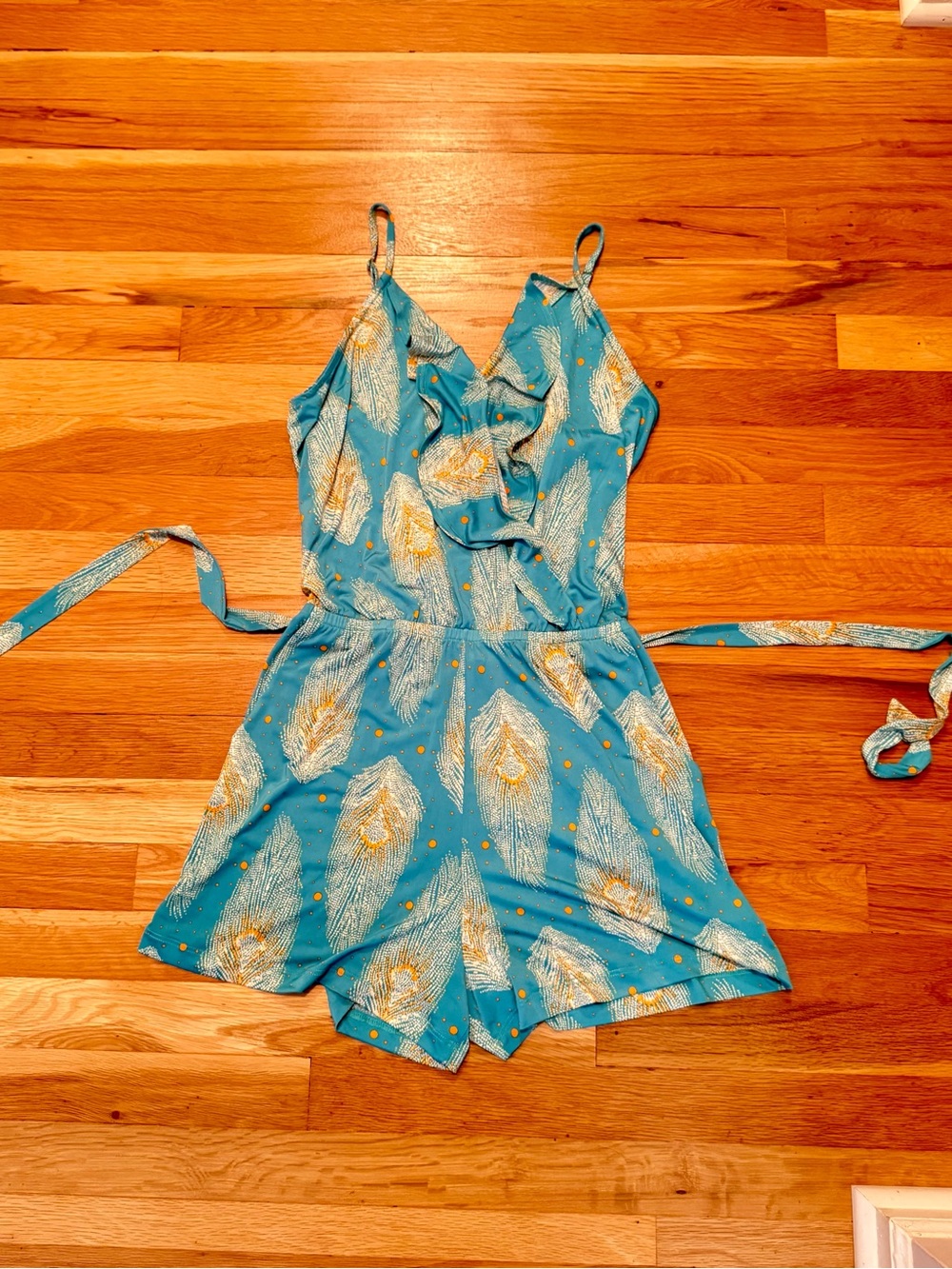 Veronica M Nadya Peacock Feather Ruffle Romper NWT Aqua Gold Size M